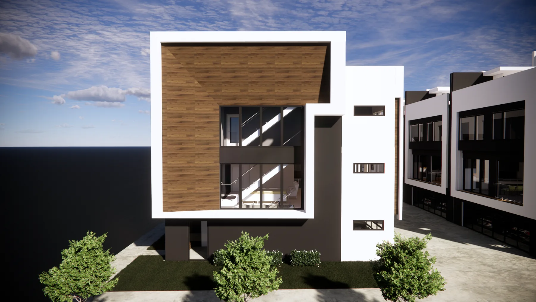 Close conceptual rendering of a wood-lined architectural volume with large dark-framed windows.