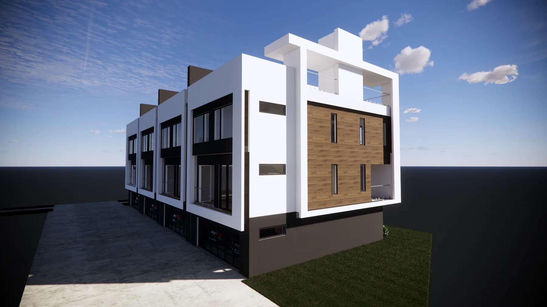 Conceptual rendering of the side elevation showing a warm wood-clad panel framed in white, above a dark base.
