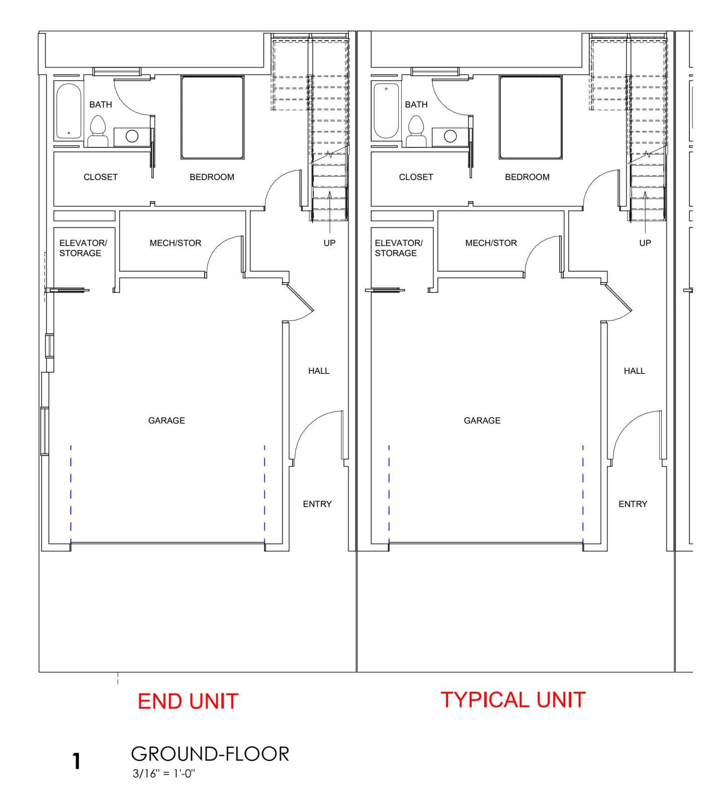 Ground-floor plan of the end and typical townhome units showing private garage, entry hall, bedroom, bathroom, closet, and mechanical and storage spaces.
